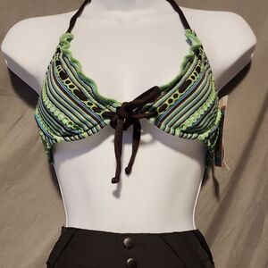 Lucky Brand NWT Green and Brown Halter Bikini Top